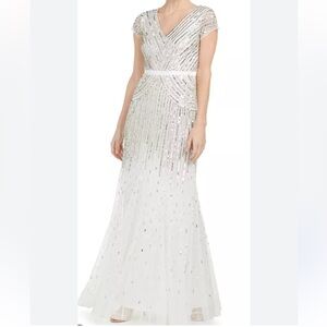Adrianna Papell Long Silver Sequin Dress With Cap Sleeve